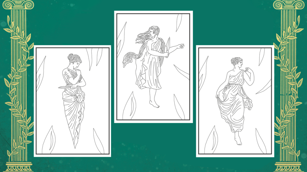 Three colouring in pages inspired by Elektra by Jennifer Saint